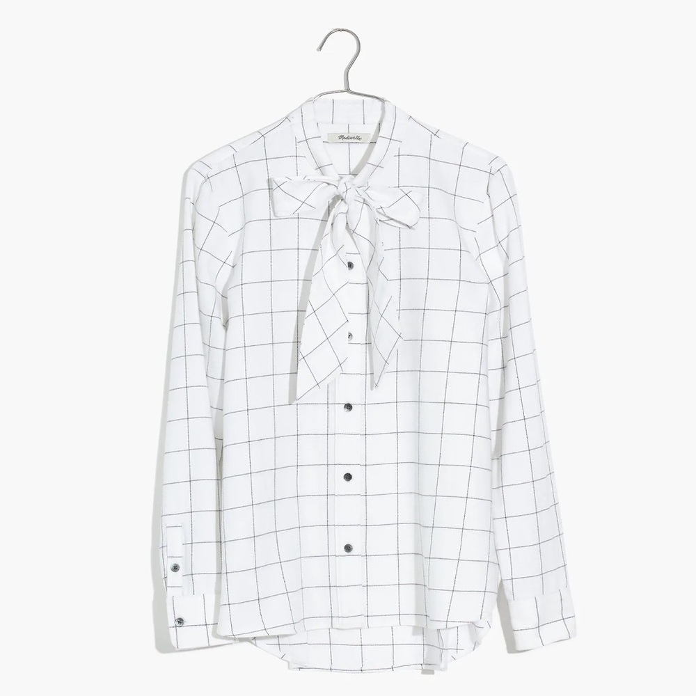 Madewell White Windowpane Tie-Neck Button-Down Shirt